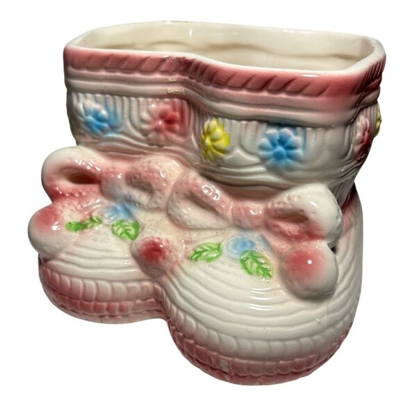Vintage Rubens Ceramic Baby Bootie Planter Pink White Floral Made In Japan - Picture 1 of 9